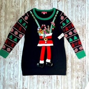 33 Degrees Ugly Christmas Sweater sz XL Womens Bells Santa Legs Sequins Metallic